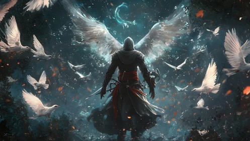 Winged hooded warrior surrounded by doves in twilight forest.