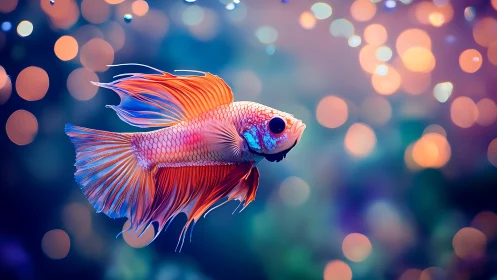 Colorful betta fish is rendered against defocused bokeh lights