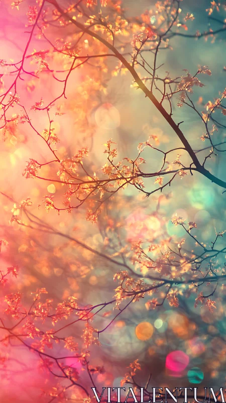 Backlit spring branches dissolve into prismatic bokeh haze
