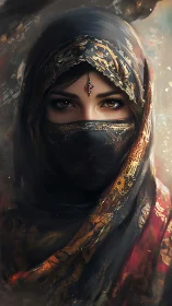 Mysterious veiled woman with golden patterns and gentle gaze.