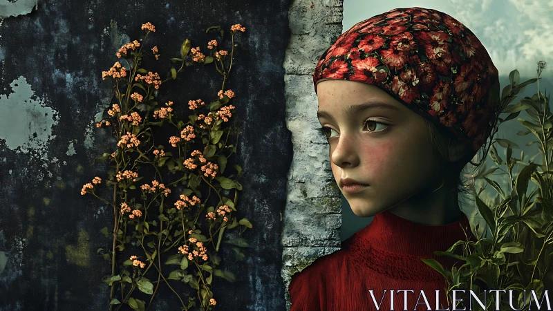 Thoughtful young girl by wildflowers in a quiet garden.