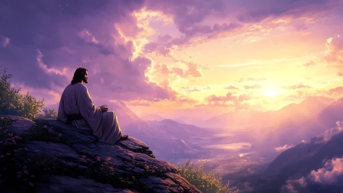 Solitary robed figure overlooks radiant sunrise valley