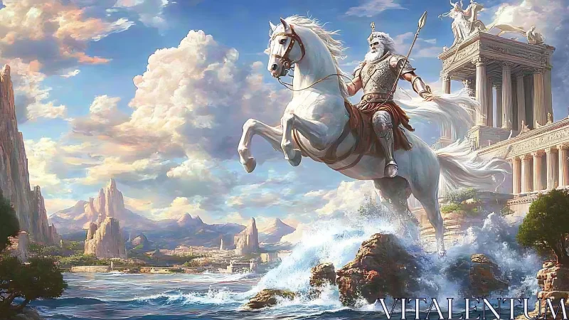 Storm-riding sea god on a luminous white warhorse.
