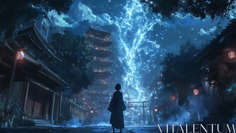 Silhouetted figure beneath luminous sky in temple street.