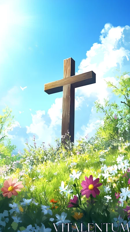 Sunlit wooden cross crowned by bright wildflower meadow.