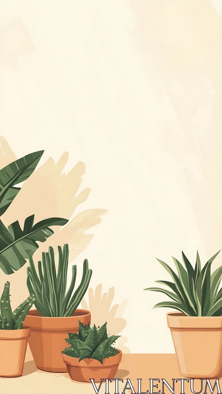 Terracotta potted succulents with tropical foliage on beige wall