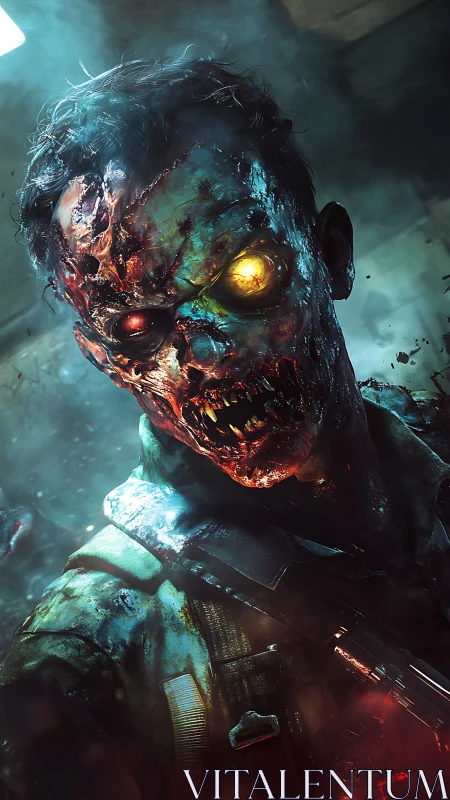 Mutated undead soldier portrait with glowing cybernetic eye.