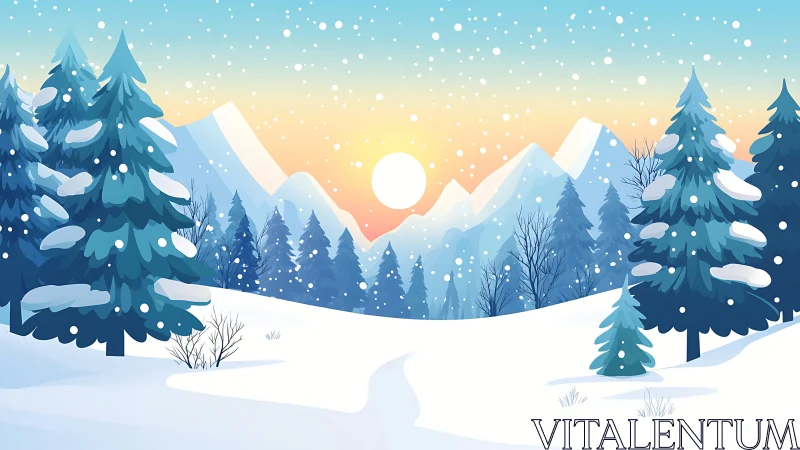 Stylized alpine conifer forest under snowfall at pastel sunrise