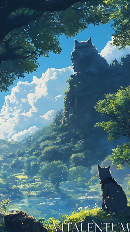 Lone wolf gazes toward colossal guardian atop cliff.