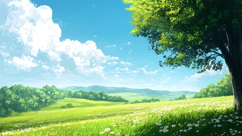 Bright green meadow stretches under clear summer sky