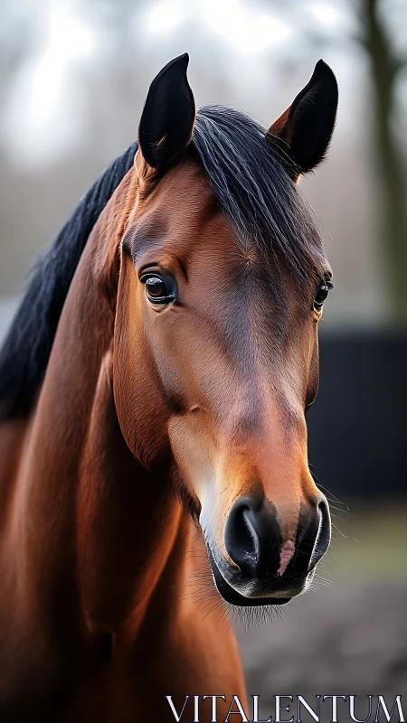 Bay horse portrait captures alert gaze and smooth coat
