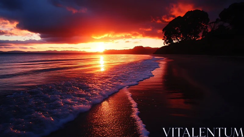 Intense red sunset over quiet shoreline and surf. Period.