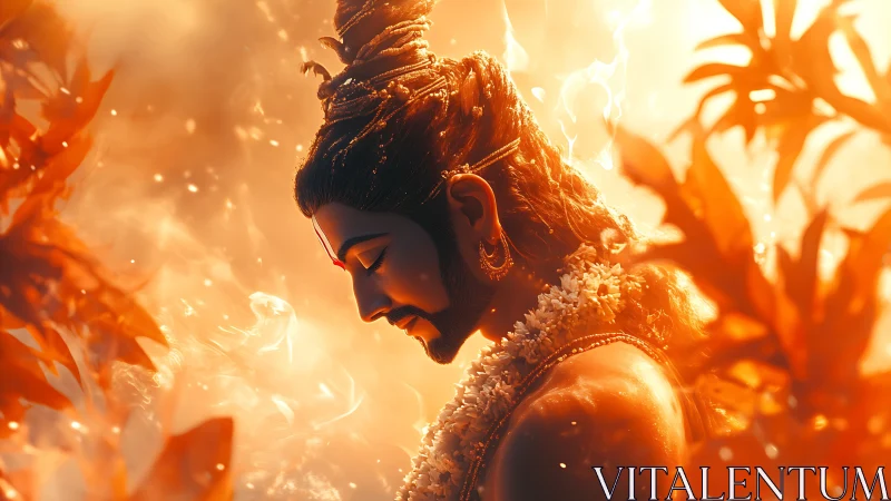 Flame-kissed deity bows into a hush of molten sunlight