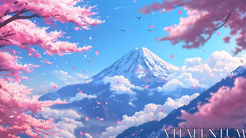 Snowy mountain peak framed by bright pink cherry blossoms.