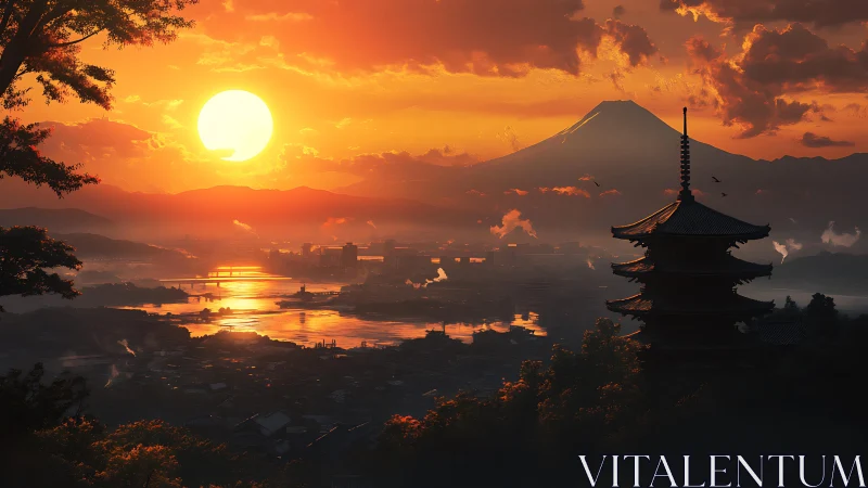 Sunset over Japanese pagoda and distant volcanic peak.