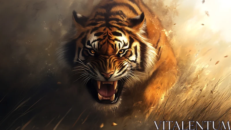 Tiger in forward motion within dust and tall grasses.