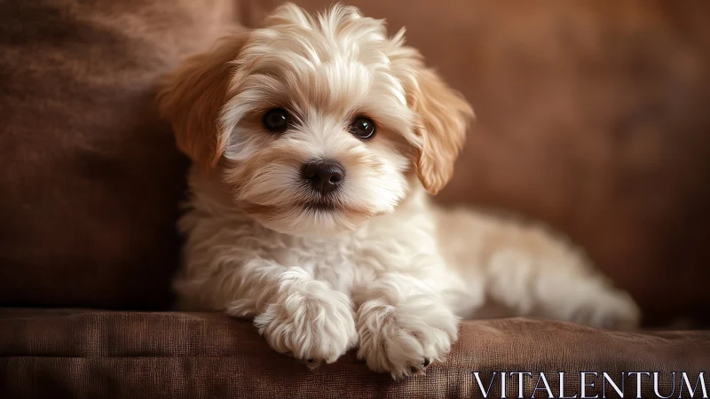 Fluffy puppy rests on a warm brown sofa in soft light.