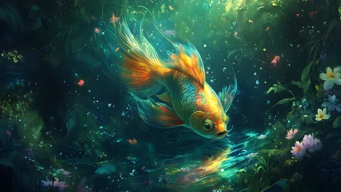 Golden koi sips moonlit color from a dreaming forest pond