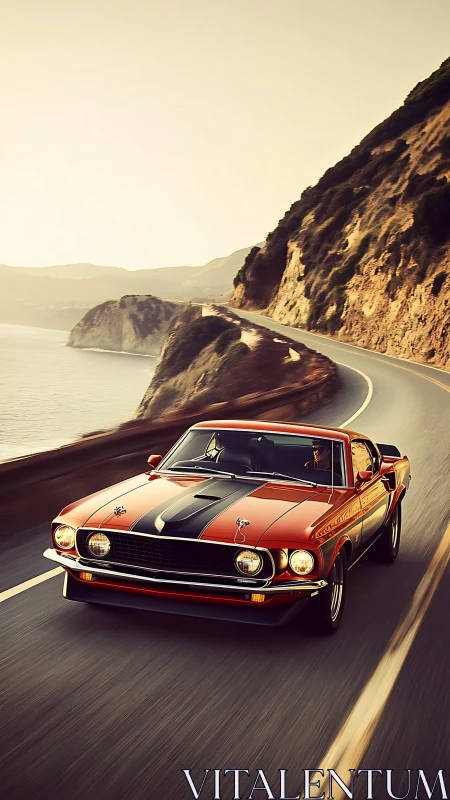 Vintage sports coupe travels along coastal highway bend