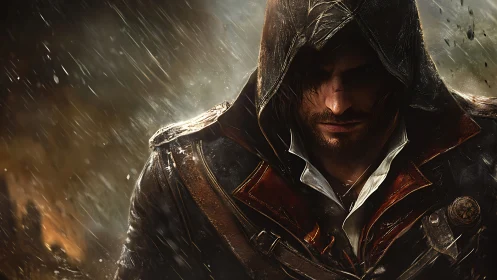 Hooded warrior bows his head beneath driving battlefield rain