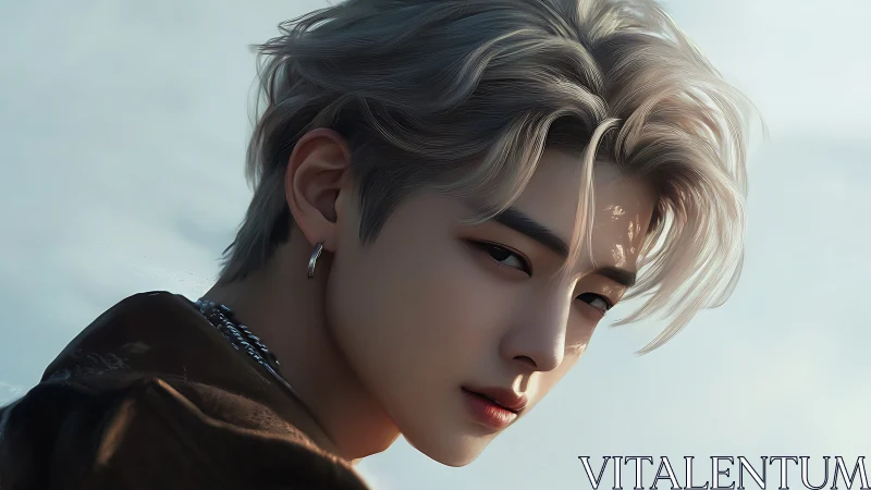 Side-lit silver-haired portrait with hyperreal facial rendering.