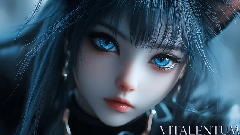 Blue eyed anime style female portrait with catlike details.