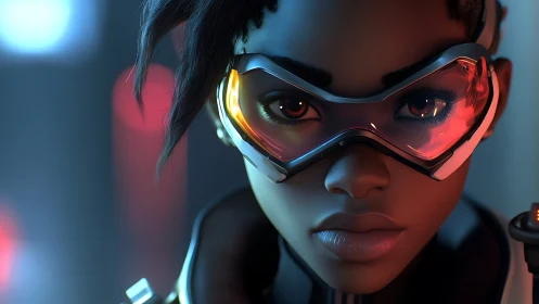 Futuristic gamer portrait with neon visor reflections.