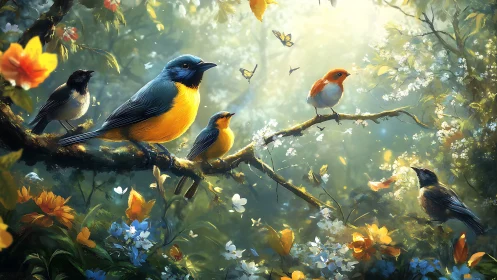 Colorful songbirds on flowering branches in magical sunlight, digital art.