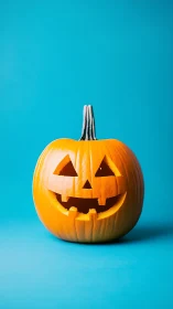 Smiling jack o lantern on bright blue studio backdrop.