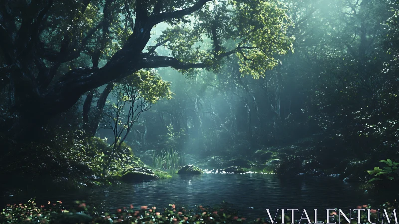 Mystical forest stream bathed in ethereal luminous light through canopy