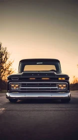 Vintage black pickup truck front view at sunset road.