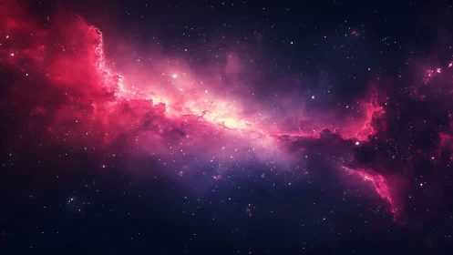 Crimson nebula stream splits deep violet galactic night.