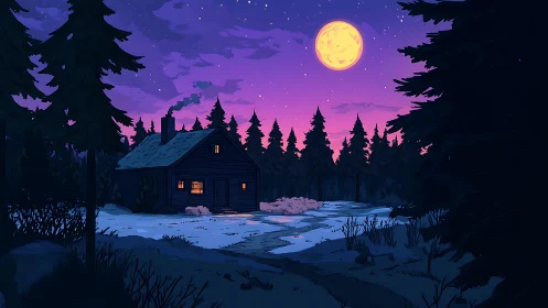 Winter cabin under luminous full moonlit violet sky.