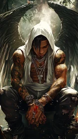 Brooding winged guardian resting in a forest of shadows.