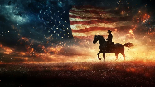 Equestrian silhouette under combustive American nebula sky.