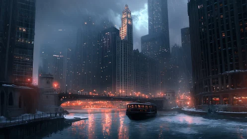 Snowy city river at night with bridge and lit buildings.