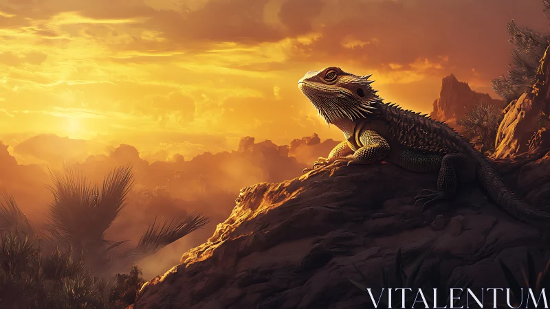 Sunlit desert dragon basking on molten-gold canyon rock.