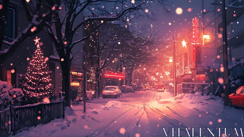 Snow covered city street with winter holiday lighting at night.