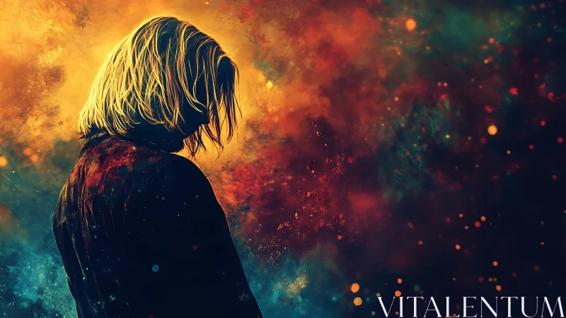 Silhouetted figure before multicolored abstract background.