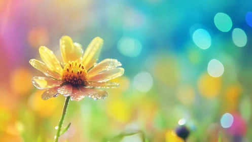 Yellow Flower with Dewdrops in Soft Focus Garden