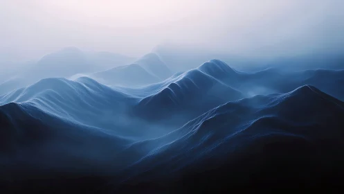 Ethereal blue mountain waves under atmospheric haze.