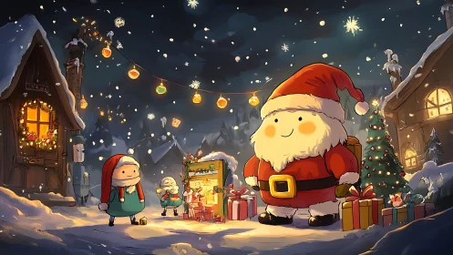 Cozy winter village with cute Santa sharing cheerful gifts.