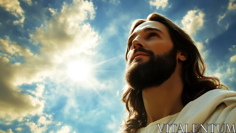 Serene bearded figure gazes toward radiant sunlit sky.