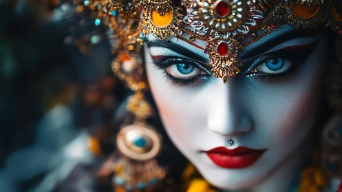 Ornate blue-eyed goddess portrait renders hyper-detailed visage