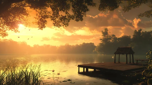 Golden hour lakeside jetty rendered with atmospheric depth