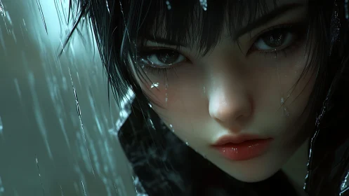 Wet-haired girl stares through rain with intense reflective gaze
