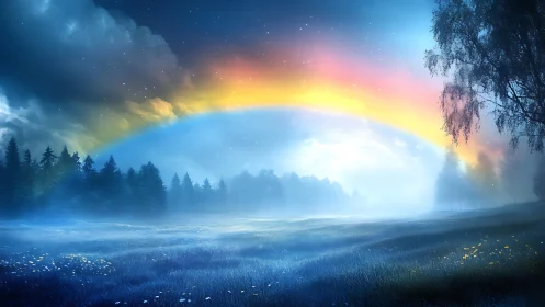 Iridescent arc above misty meadow at blue twilight glow.
