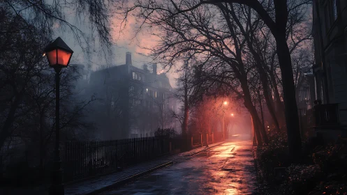 Foggy evening lane glowing under gentle streetlamps.