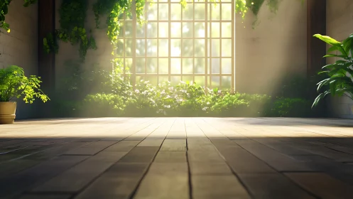 Digital greenhouse loft interior with sunlit botanical flooring.