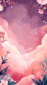 Pink floral sky with soft clouds and scattered stars.